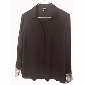 Worthington. Black Opaque Blouse Sz L with Black and White Tweed Cuffs